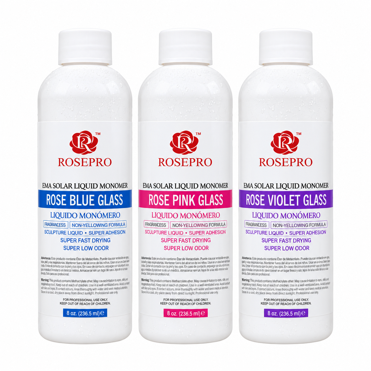 RosePro EMA Solar Liquid Monomer 8oz bottles in Rose Blue Glass, Rose Pink Glass, and Rose Violet Glass