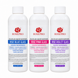 RosePro EMA Solar Liquid Monomer 8oz bottles in Rose Blue Glass, Rose Pink Glass, and Rose Violet Glass