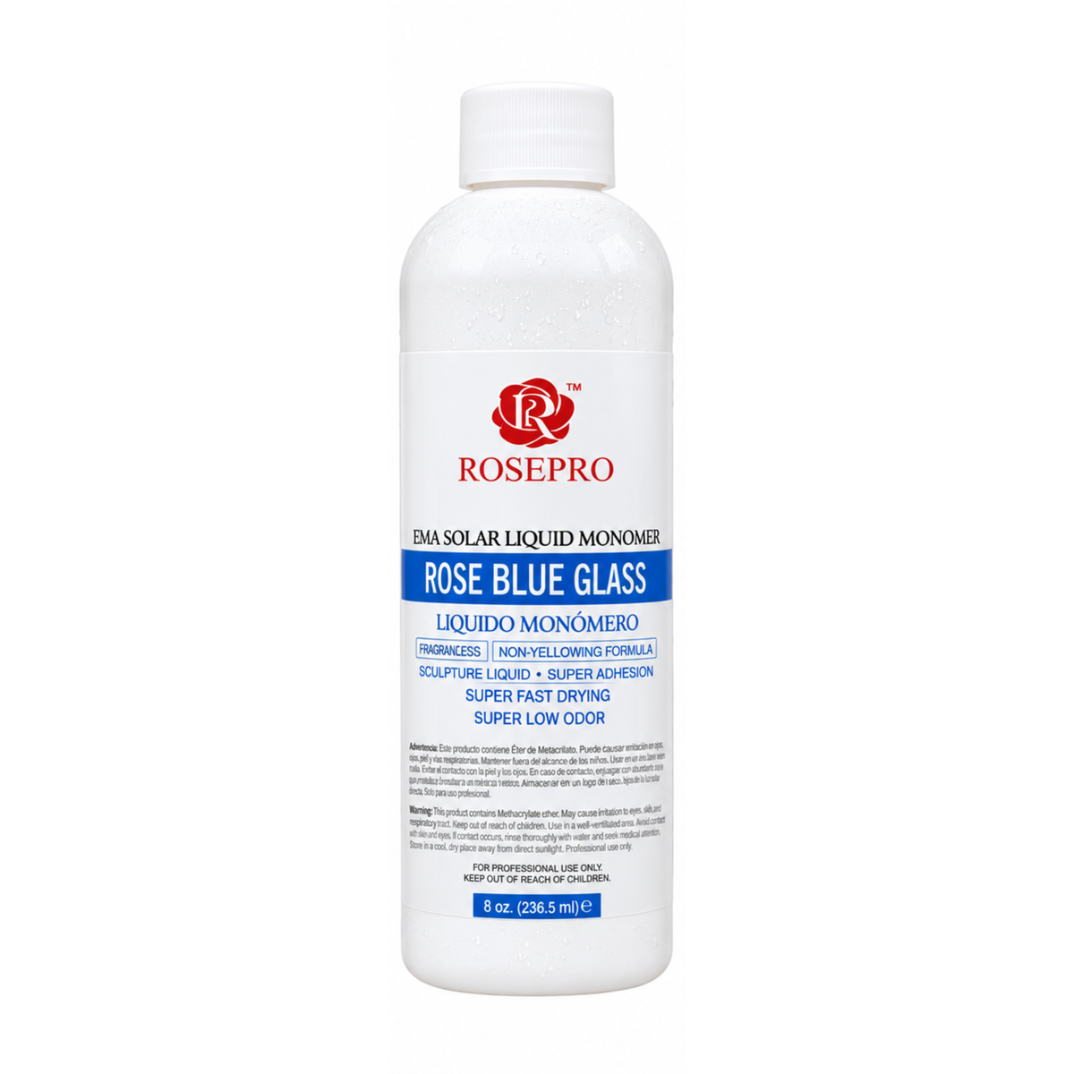 RosePro EMA Solar Liquid Monomer 8oz bottles in Rose Blue Glass, Rose Pink Glass, and Rose Violet Glass
