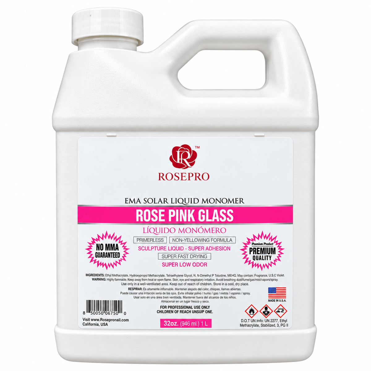 RosePro EMA Solar Liquid Monomer 32oz 1L bottle, Rose Pink Glass