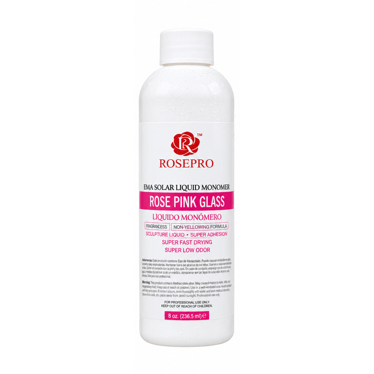 RosePro EMA Solar Liquid Monomer 8oz bottles in Rose Blue Glass, Rose Pink Glass, and Rose Violet Glass